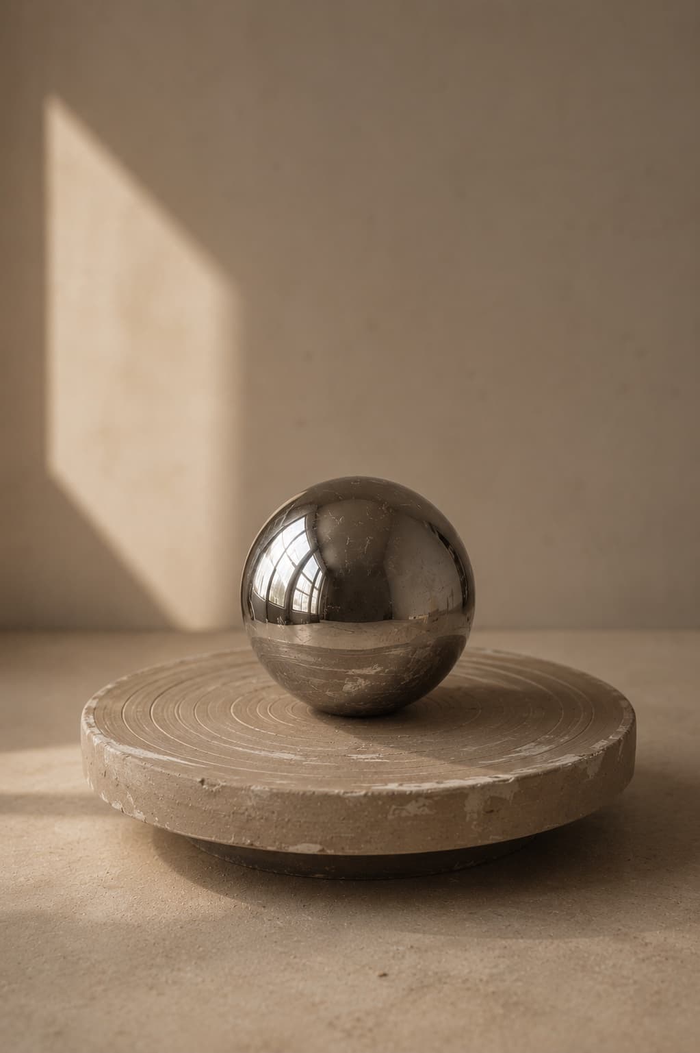 a chrome sphere resting on a hand-thrown clay disc